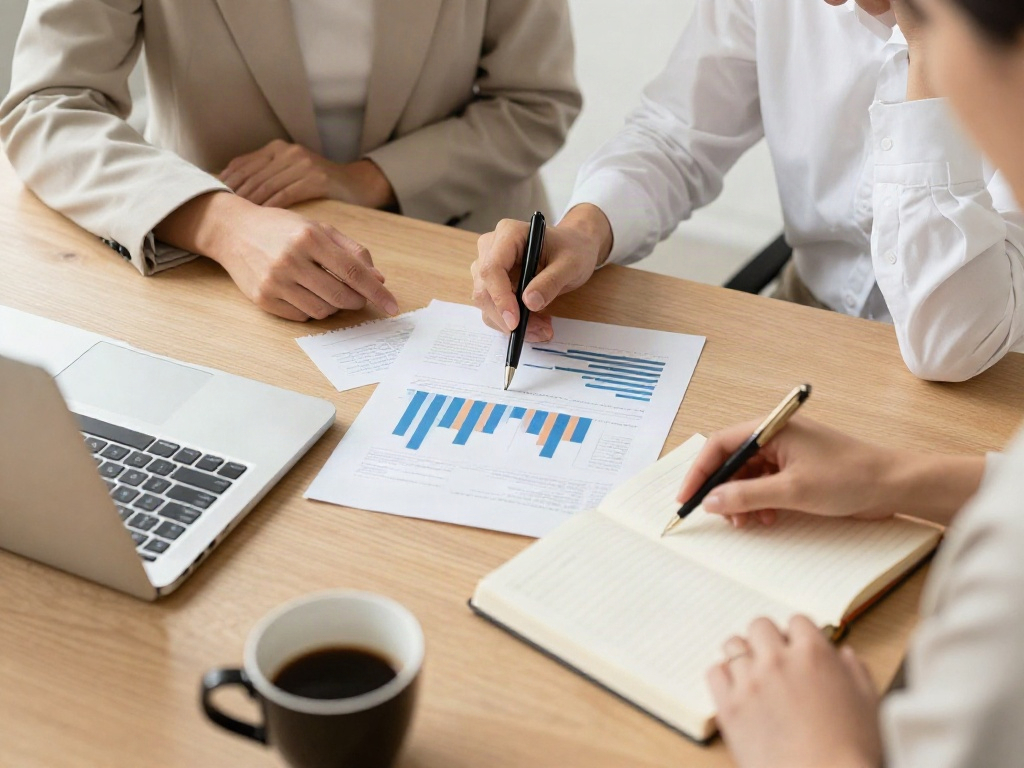 Consultants reviewing business performance charts and notes together