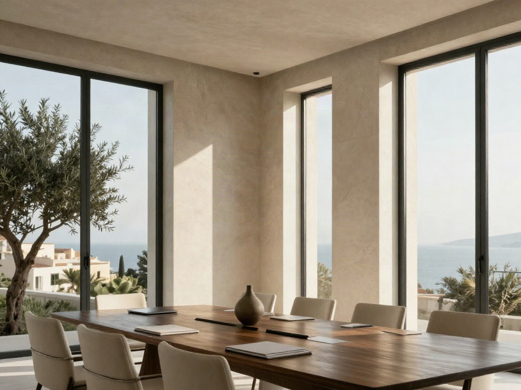 Sunlit contemporary boardroom overlooking the Adriatic coast